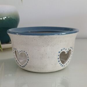 Stoneware Pottery Candle Votive Holder Bowl Heart Cutouts Cream Blue 5.25"